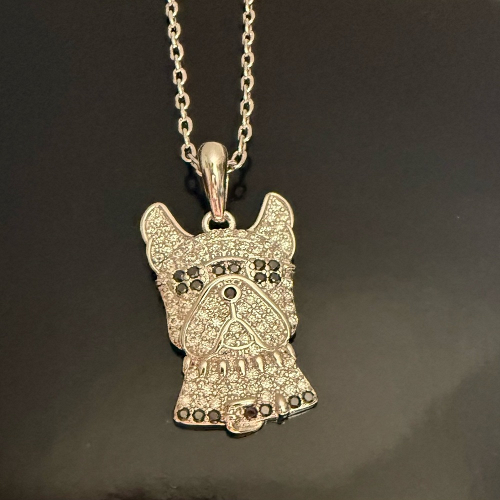 Silver Filled Onyx French Bull Dog Pendant Necklace